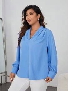 SHEIN Privé Hơn Chất rắn Chi tiết Ruched Áo sơ mi - Màu xanh lam - Xem 6