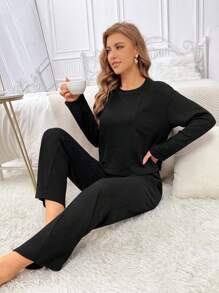 Drop Shoulder Pocket Patched Lounge Set - Black - View 6