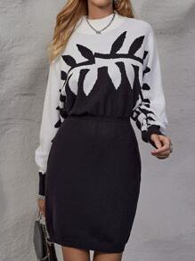 SHEIN Clasi Leaf Pattern Batwing Sleeve Sweater Dress - Multicolor - View 6