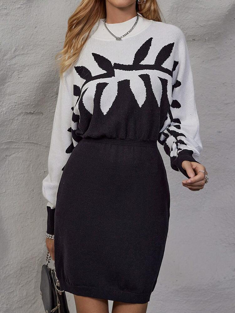 Leaf Pattern Batwing Sleeve Sweater Dress