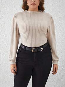 SHEIN Clasi Talla grande Camiseta ribete en forma de lechuga de manga farol tejido de canalé - Albaricoque - Ver 6