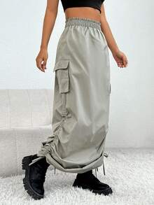 SHEIN PETITE Flap Pocket Drawstring Hem Cargo Skirt - Mint Green - View 4