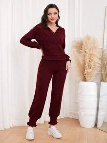 Mulvari 勃艮第红色纯色连帽毛衣和针织裤 - 酒紅色 - 查看 3