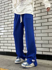 Claim Dot Loose Fit Men's Letter Patched Drawstring Waist Sweatpants Going Out Plain Casual Baggy Royal Blue Drawstring Sweatpants, For Husband, Boyfriend Gifts