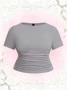 Flirla 大碼素色褶邊T恤 - 灰色 - 查看 1