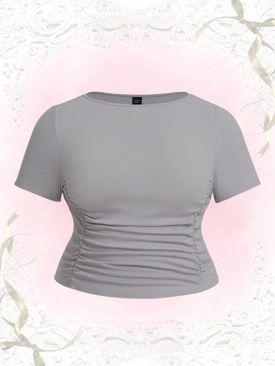 Flirla 大碼素色褶邊T恤 - 灰色 - 查看 1