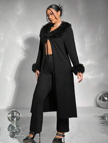 SHEIN ICON 大碼毛絨裝飾正面繫帶開衫 - 黑色 - 查看 3