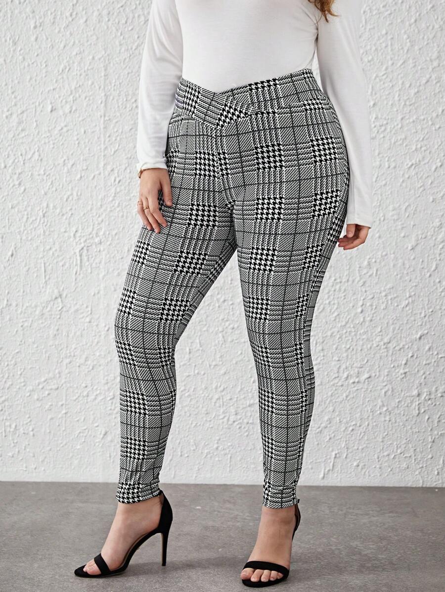 SHEIN Clasi 大碼格紋印花不對稱腰帶緊身打底褲 - 灰色 - 查看 1