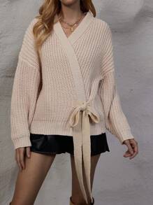 SHEIN LUNE Drop Shoulder Knot Side Wrap Cardigan - Apricot - View 3