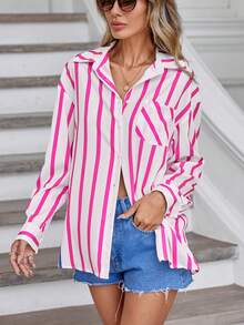 SHEIN Essnce Striped Print Drop Shoulder Shirt - Hot Pink - View 5