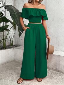 Breezaya Off Shoulder Ruffle Trim Crop Top & Wide Leg Pants - Dark Green - View 3