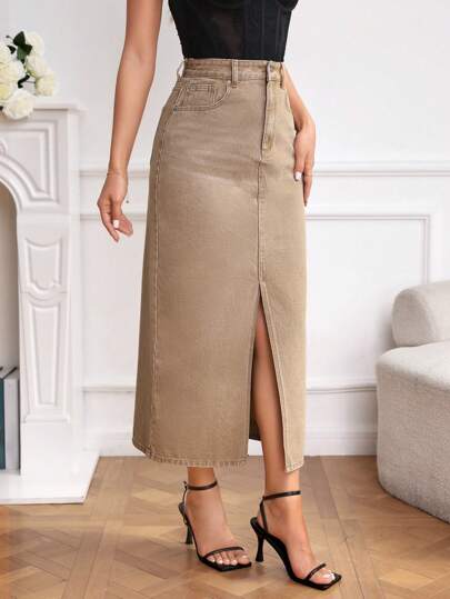 SHEIN EZwear 休閒口袋 不收邊 拉鍊純色女士牛仔半身裙