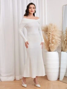 Modelyn Off Shoulder Mermaid Hem Bodycon Sweater Dress Fall Cloth For Women - White - View 5