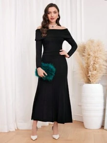 Modelyn Off Shoulder Knit Top & Knit Skirt 2 Piece Set - Black - View 1