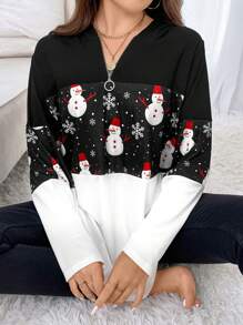 Calvaya Plus Size Christmas Snowman Print Half Zip Sweatshirt - Black and White - View 4