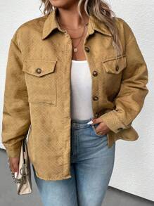 SHEIN LUNE Talla grande Cazadora de hombros caídos con bolsillo con solapa - Caqui - Ver 4