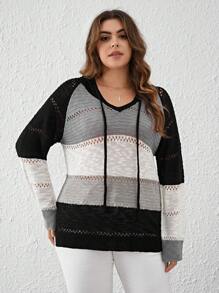 SHEIN LUNE Jersey con capucha y cordón de manga raglán de punto pointelle color combinado - Negro - Ver 5