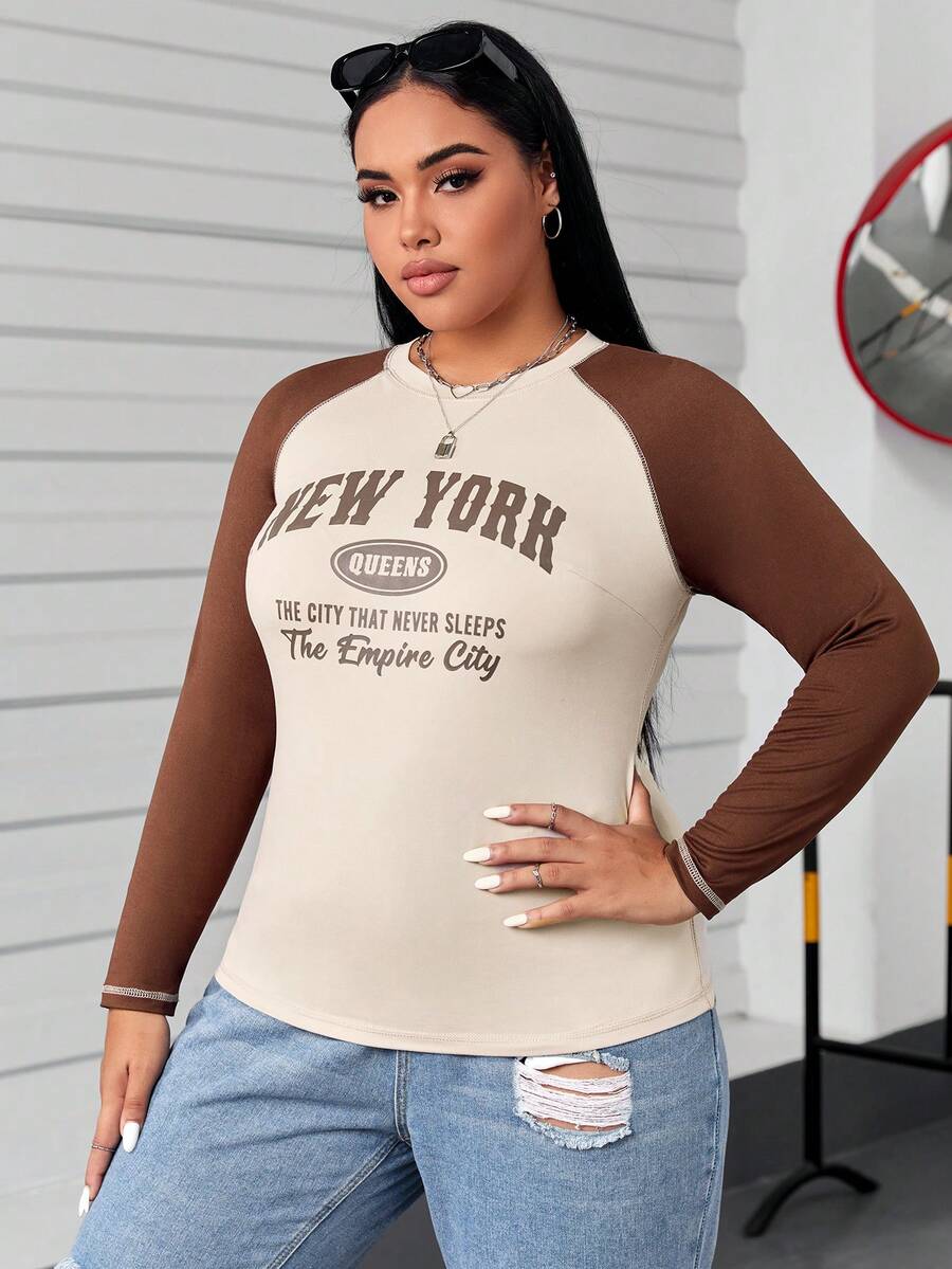 SHEIN EZwear 大碼標語圖案插肩袖T恤 - 杏色 - 查看 1