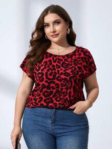 SHEIN LUNE Talla grande Blusa con estampado de leopardo de manga murciélago - Rojo - Ver 1