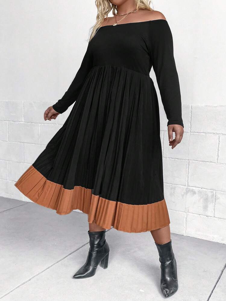 Plus Off Shoulder Pleated Hem Dress