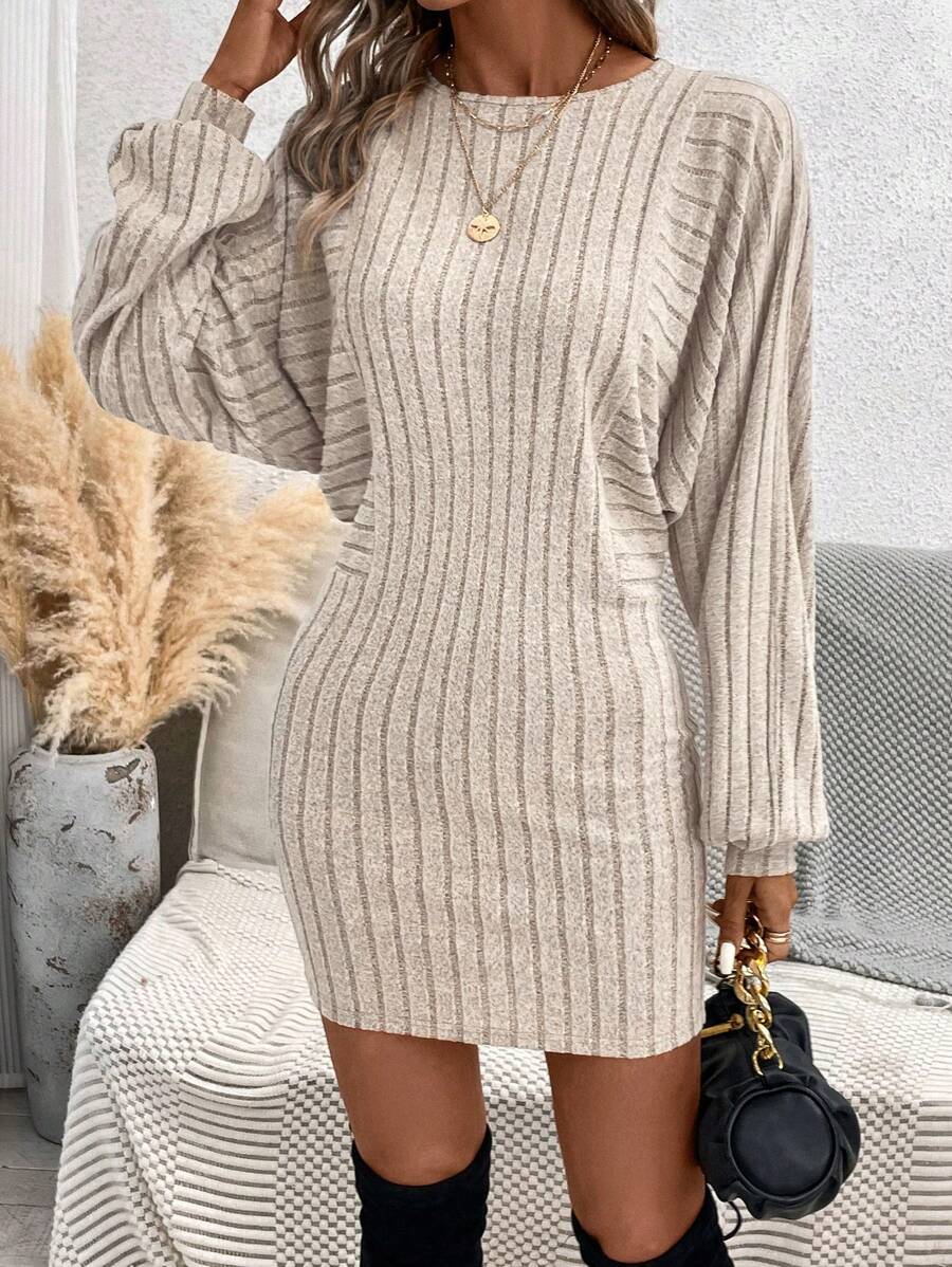SHEIN LUNE Batwing Sleeve Ribbed Knit Bodycon Dress - Apricot - View 1
