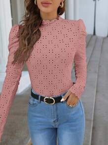 SHEIN Frenchy 孔眼刺繡生菜裝飾T恤 - 藕粉色 - 查看 6