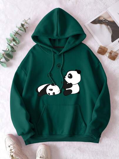 INAWLY Sudadera térmica con bolsillo y cordón de ajuste con estampado de panda, ropa de invierno y otoño para mujer de talla grande