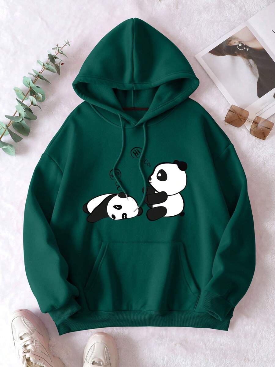INAWLY 加大码熊猫印花口袋抽绳保暖卫衣,女士秋冬服装 - 墨綠色 - 查看 1