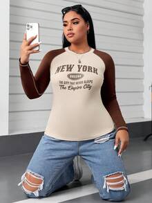 SHEIN EZwear 大碼標語圖案插肩袖T恤 - 杏色 - 查看 3