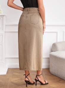 SHEIN EZwear 休閒口袋 不收邊 拉鍊純色女士牛仔半身裙 - 卡其色 - 查看 2