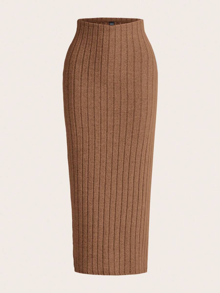 SHEIN EZwear 素色條紋針織鉛筆裙 - 駝色 - 查看 1