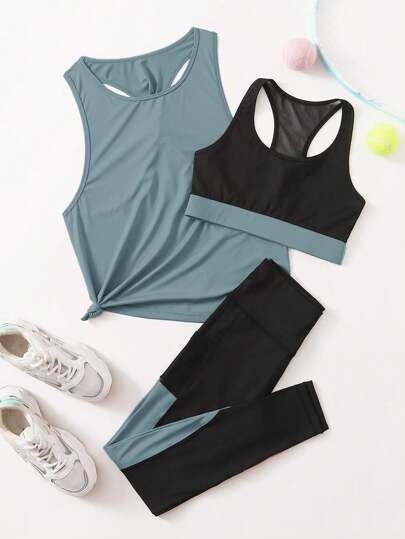 3 pièces Ensemble de sport blocs de couleurs pour femmes