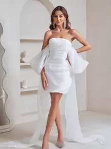 YUMIBRAVO Off Shoulder Draped Detail Ruched Side Draped Wedding Dress White Elegant Bridal Dress White Dress,Bride