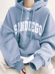 DAZY Thermal Lined Hooded Sweatshirt For Women, Casual Letter Print Pullover, Autumn/Winter