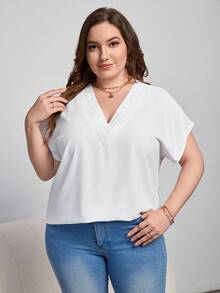 SHEIN Essnce 大碼素色蝙蝠袖襯衫 - 白色 - 查看 4