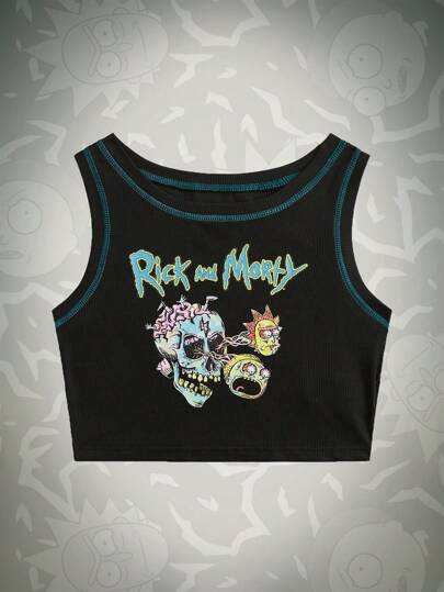 Rick and Morty | ROMWE Stitching Trim Skull & Letter Graphic Tank Top, School