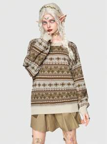 ROMWE Fairycore Geo Pattern Drop Shoulder Sweater - Multicolor - View 6