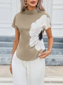 SHEIN Clasi 印花蝙蝠袖小高領弧形下擺襯衫 - 卡其色 - 查看 5