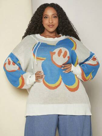 SHEIN CURVE+ Plus Cartoon Pattern Drop Shoulder Drawstring Hooded Sweater