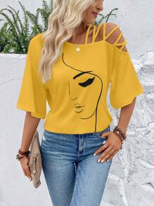 EMERY ROSE Figure Graphic Asymmetrical Neck Tee Graphic Tees Women Tops - Yellow - View 6