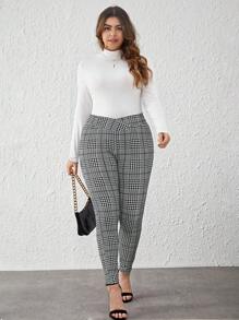 SHEIN Clasi 大碼格紋印花不對稱腰帶緊身打底褲 - 灰色 - 查看 4