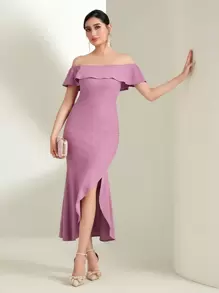 Modelyn Off Shoulder Ruffle Trim Split Thigh Dress - Purple - View 1