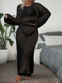 SHEIN LUNE Talla grande tejido abierto Jersey & de muslo con abertura Falda de punto sin set de lencería - Negro - Ver 4