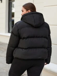 EURMUSE Plus Size Women's Solid Color Long Sleeve Zipper Front Casual Drawstring Hooded Winter Jacket - Black - View 2