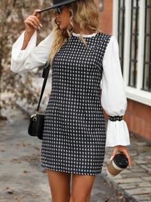 SHEIN Clasi 幾何印花喇叭袖洋裝 - 黑與白 - 查看 4