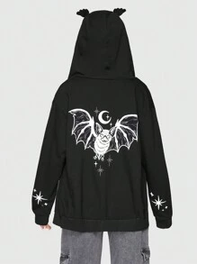 Mariexvx 蝙蝠與月亮印花落肩連帽衫 - 黑色 - 查看 1