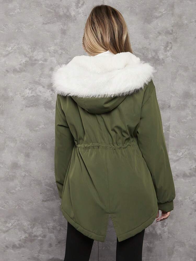 Teen Girl Letter Patched Drawstring Waist Hooded Padded Coat