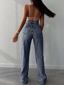 EURMUSE Quần jean ống đứng cạp cao thường ngày cho nữ 100% cotton - Xám - Xem 4