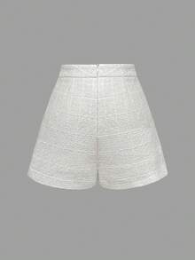 SHEIN MOD 紐扣細節粗花呢短褲 - 白色 - 查看 4