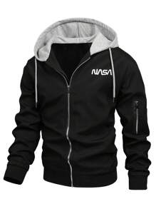 Manfinity Homme 1件男士寬鬆款字母印花拉鍊連帽夾克,帶束口 - 黑色 - 查看 1